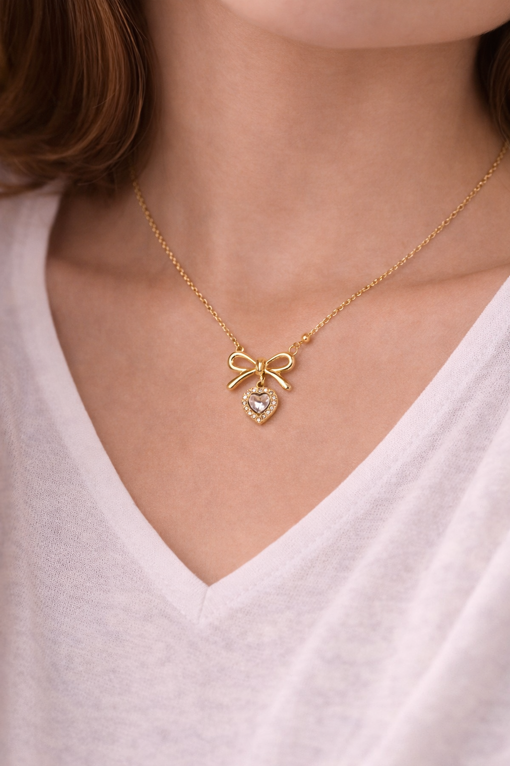 Golden Bow Heart Anti-Tarnish Necklace